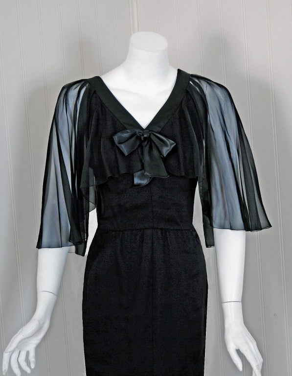 1983 Chanel Black Silk-Chiffon Deco Flutter-Sleeve Illusion Evening Gown In Excellent Condition In Beverly Hills, CA