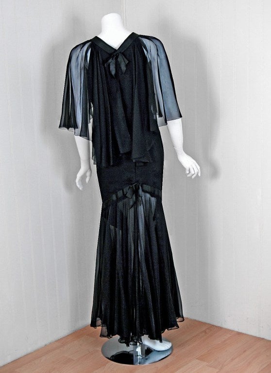 1983 Chanel Black Silk-Chiffon Deco Flutter-Sleeve Illusion Evening Gown 1