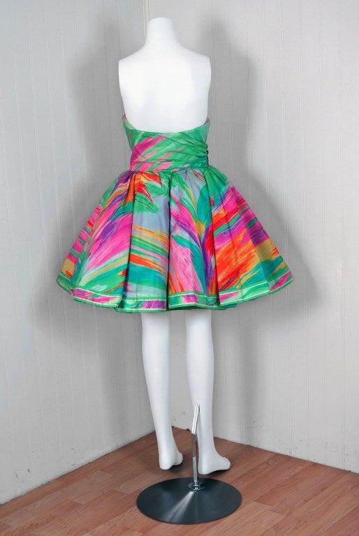 1991 Leonard Haute-Couture Firework Print-Silk Strapless Party Dress & Cape 1