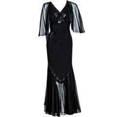 1983 Chanel Black Silk-Chiffon Deco Flutter-Sleeve Illusion Evening Gown