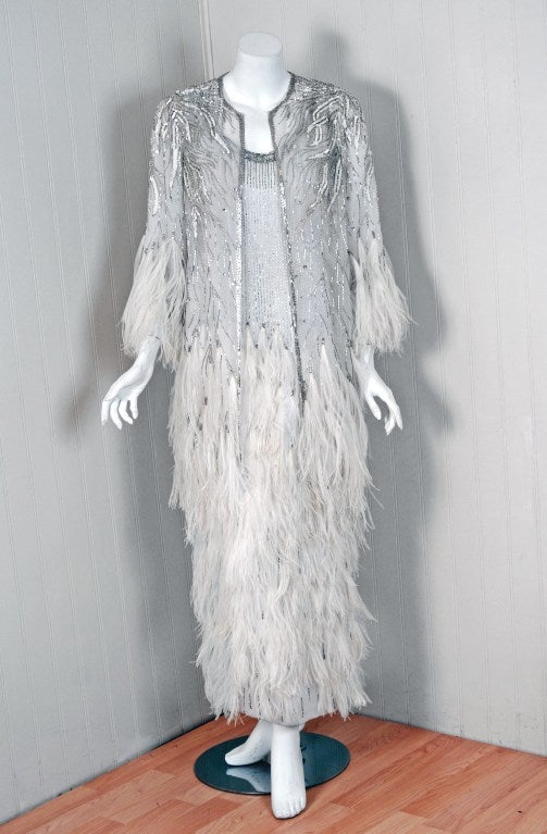 1970's White Feather & Beaded Chiffon Evening Gown & Jacket 1
