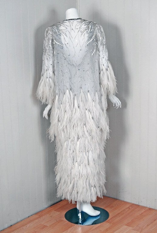 1970's White Feather & Beaded Chiffon Evening Gown & Jacket 3