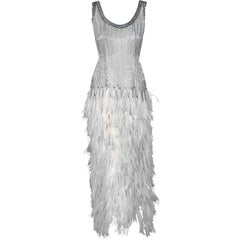 Retro 1970's White Feather & Beaded Chiffon Evening Gown & Jacket