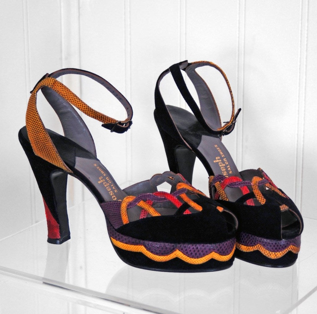 1940's Colorful Snakeskin and Suede Peep-Toe Platform High Heels at ...