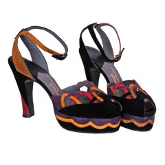 Vintage 1940's Colorful Snakeskin & Suede Peep-Toe Platform High Heels