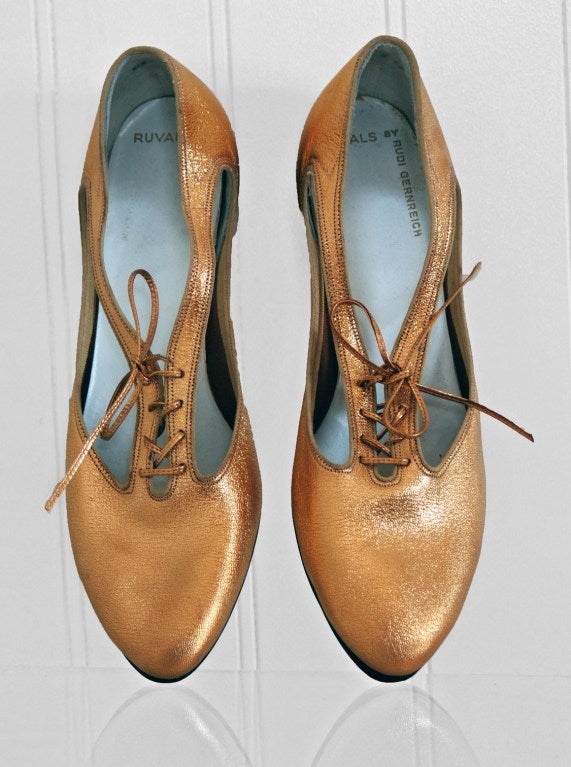 Women's 1960's Rudi Gernreich Metallic Gold Leather Cut-Out Mod Shoes