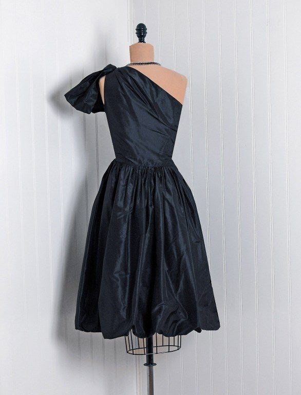 1970's Bill Blass One-Shoulder Sculpted Black Silk Cocktail Party Dress 1