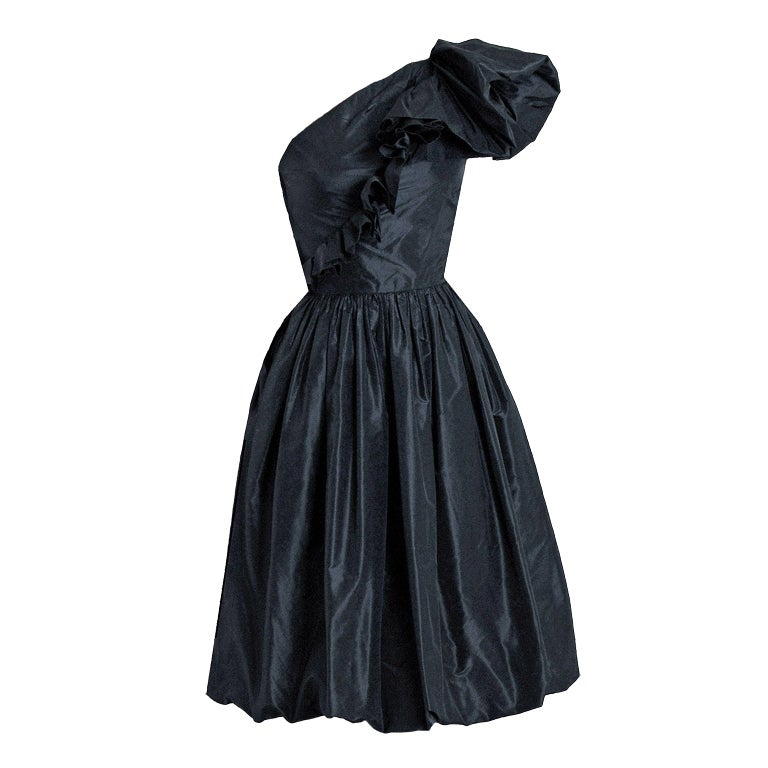 1970's Bill Blass One-Shoulder Sculpted Black Silk Cocktail Party Dress