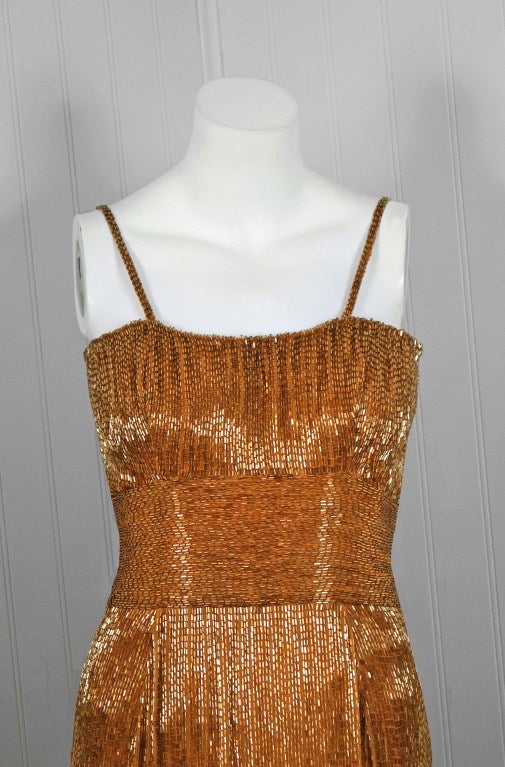 Women's 1950's Samuel Winston Hourglass Gold Beaded-Silk Evening Gown