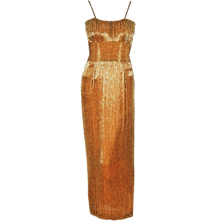 1950's Samuel Winston Hourglass Gold Beaded-Silk Evening Gown