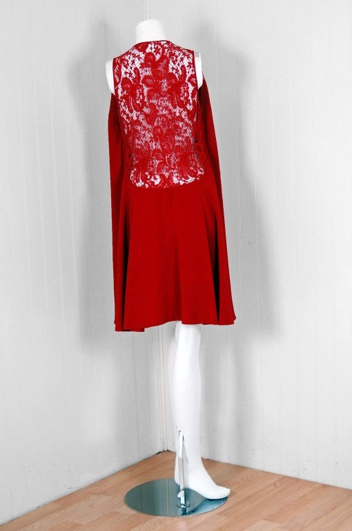 Madame Gres Red Silk / Satin and Lace Illusion Draped Mini Cocktail Dress, 1980s In Excellent Condition In Beverly Hills, CA