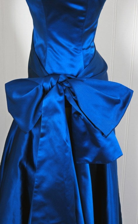 1982 Christian Dior Sapphire-Blue Satin Strapless Numbered Couture Gown In Excellent Condition In Beverly Hills, CA