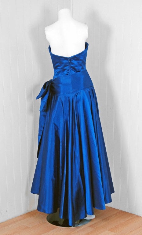 Women's 1982 Christian Dior Sapphire-Blue Satin Strapless Numbered Couture Gown