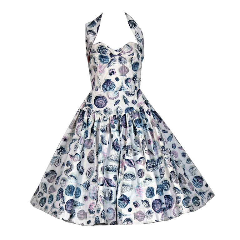 1950's Seashells Novelty-Print Polished Cotton Halter Circle-Skirt Sun Dress