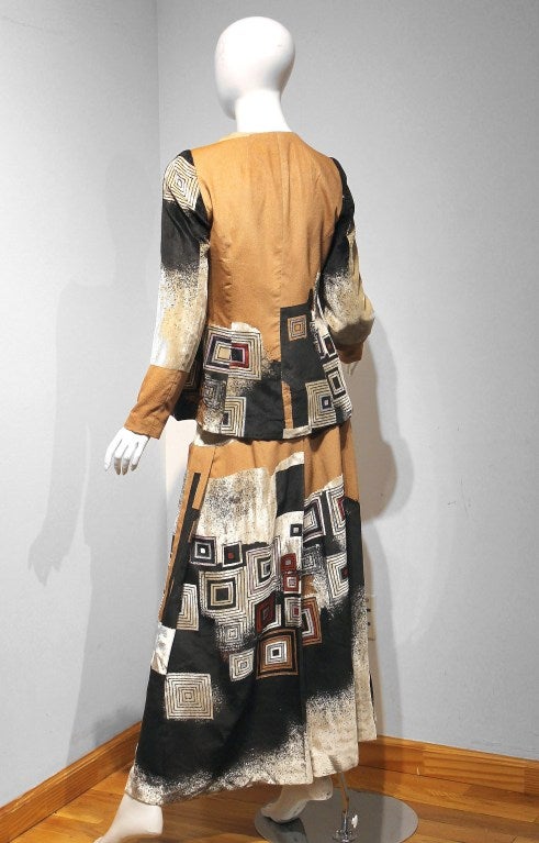 1970's Thea Porter Hand-Painted Deco Velvet Maxi Dress Ensemble 1