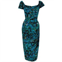 1950's Ceil Chapman Watercolor Floral Draped Cotton Print Dress