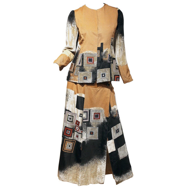 1970's Thea Porter Hand-Painted Deco Velvet Maxi Dress Ensemble