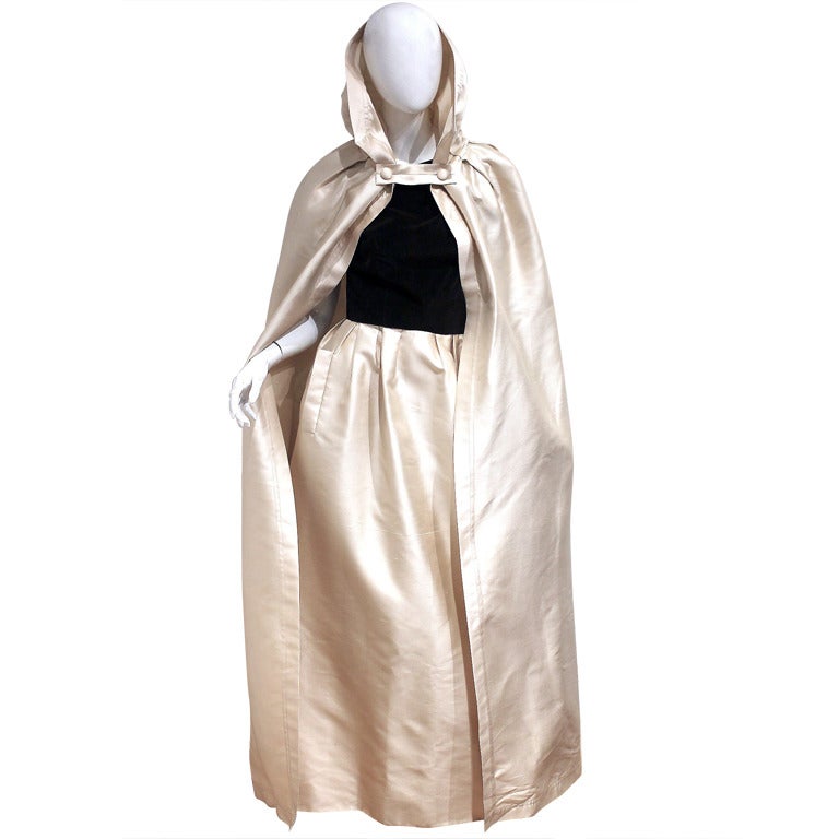 1960's Nina Ricci Dark-Brown & Ivory White Silk Evening Gown & Cape