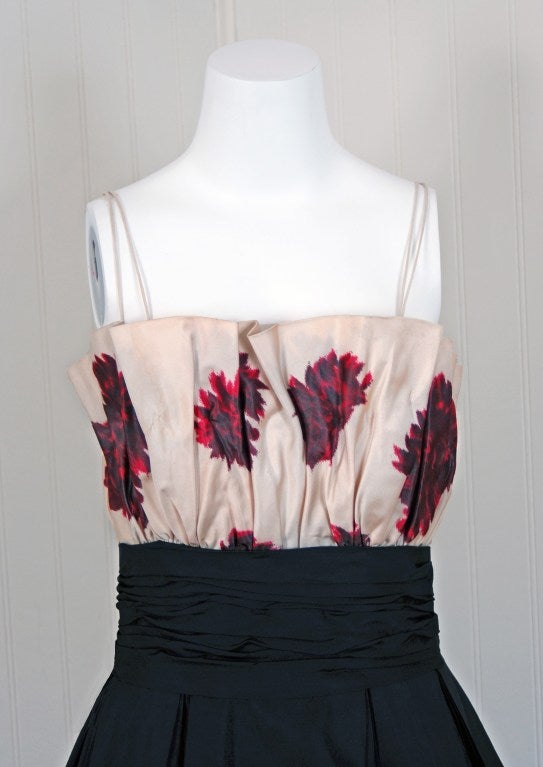 1950's Ceil Chapman Watercolor Floral Print Black Silk Circle-Skirt ...