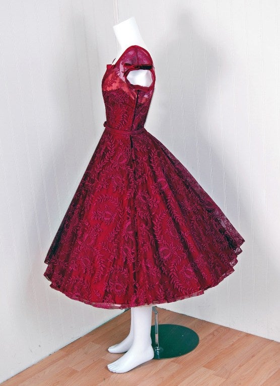Women's 1950's Frank Starr Fuchsia Pink Chantilly-Lace Full Party Dress