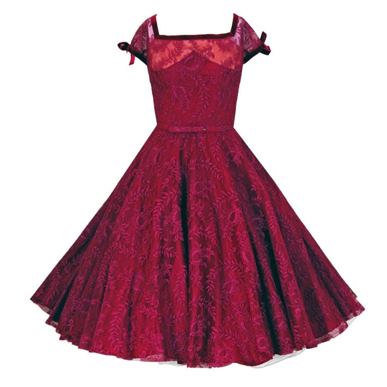1950's Frank Starr Fuchsia Pink Chantilly-Lace Full Party Dress