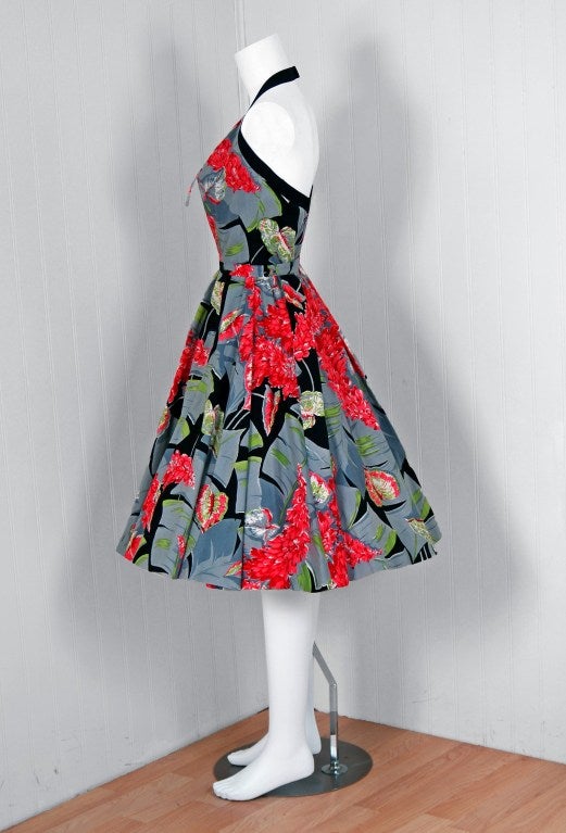 Women's 1950's Suzy Perette Tropical Floral Cotton Halter Full Sun Dress