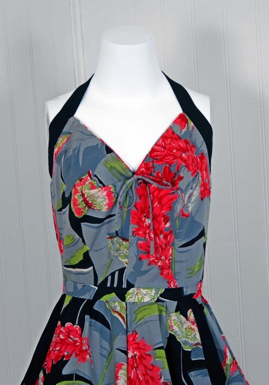 1950's Suzy Perette Tropical Floral Cotton Halter Full Sun Dress at 1stdibs