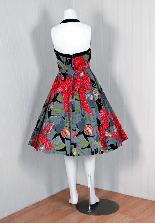 1950's Suzy Perette Tropical Floral Cotton Halter Full Sun Dress 3