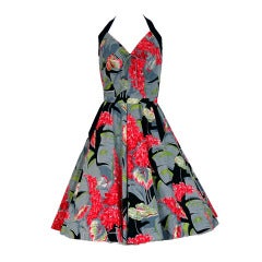 Vintage 1950's Suzy Perette Tropical Floral Cotton Halter Full Sun Dress