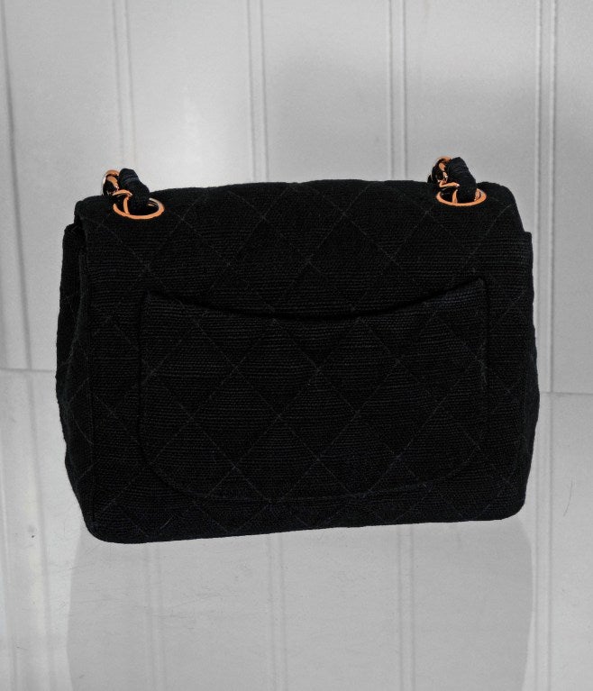 1990's Chanel Quilted Black Canvas Gold Hardware Flap Purse 1