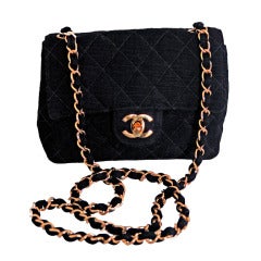 1990's Chanel Quilted Black Canvas Gold Hardware Flap Purse