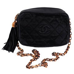 1990's Chanel Black Quilted Leather & Satin Tassel Bag Purse
