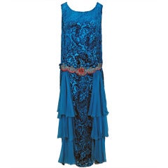 1920's Royal-Blue Voided Silk Velvet Appliqued Flapper Dress