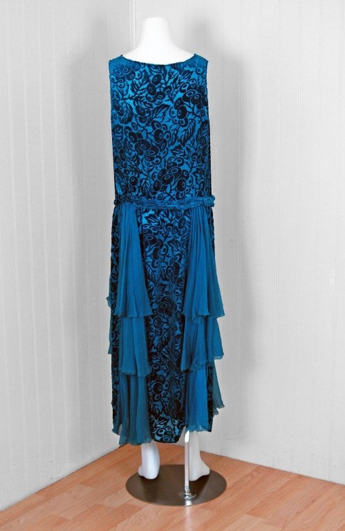 Women's 1920's Royal-Blue Voided Silk Velvet Appliqued Flapper Dress