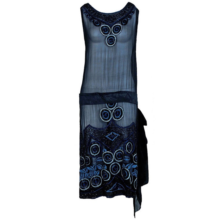 1920's Art-Deco Embroidered Beaded Silk-Chiffon Flapper Dress