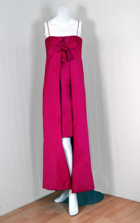 1968 Pierre Cardin Fuchsia-Pink Satin Mod Column Dress Gown