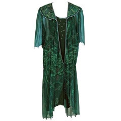Zandra Rhodes Emerald Green Beaded Hand-Painted Silk Chiffon Wrap Dress, 1975 