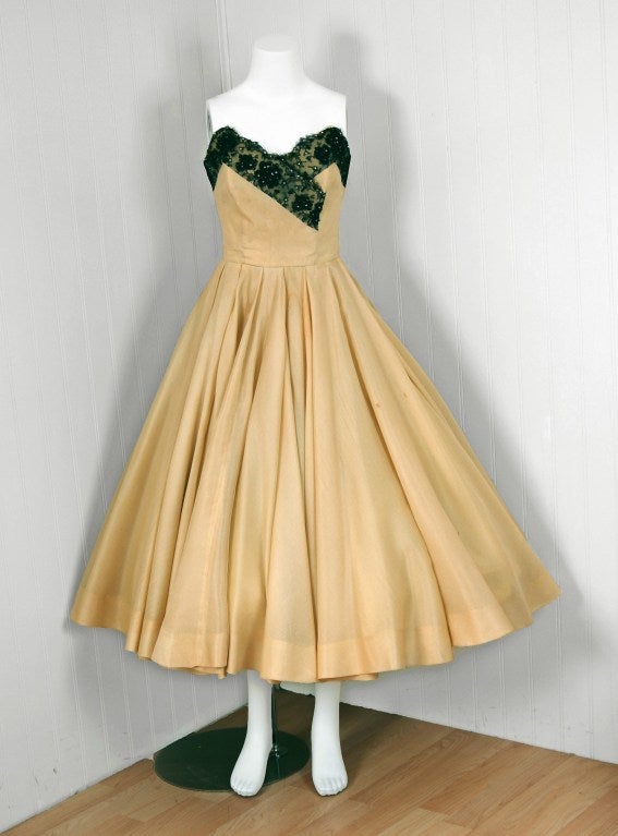 1950's Jacques Fath Pale-Yellow Silk & Black Beaded Lace Strapless Party Dress