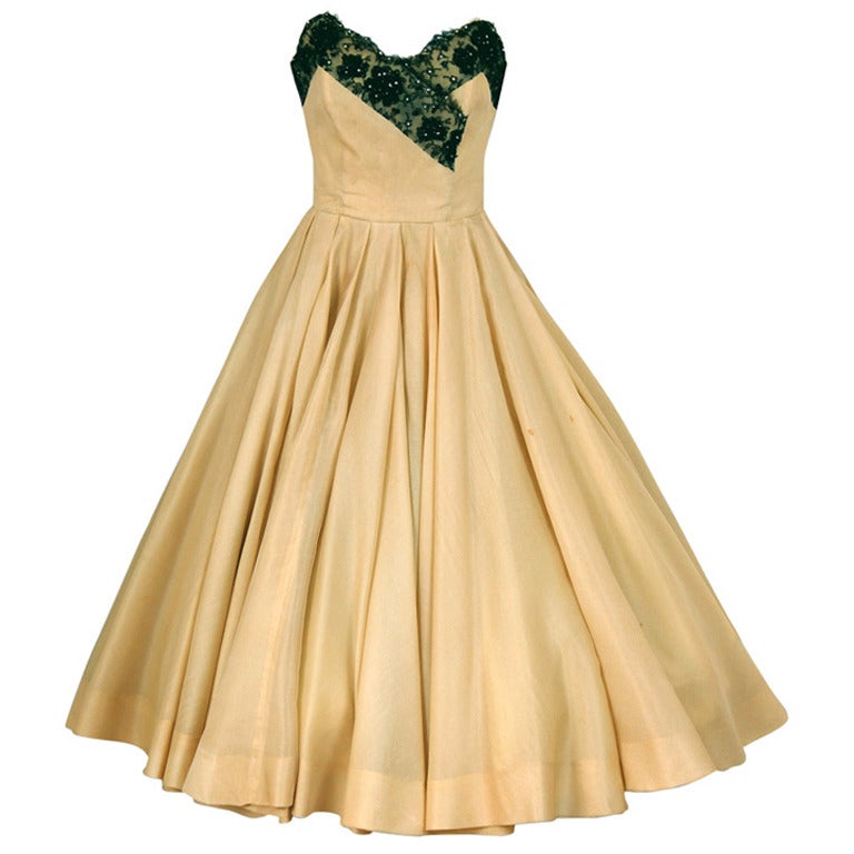 1950
s Jacques Fath Pale-Yellow Silk 
Black Beaded Lace Strapless Party Dress