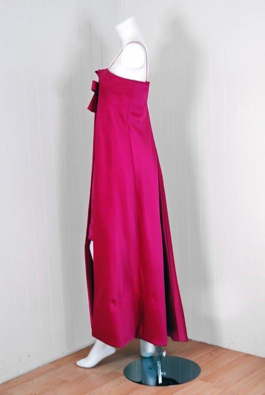 1968 Pierre Cardin Fuchsia-Pink Satin Mod Column Dress Gown at 1stDibs