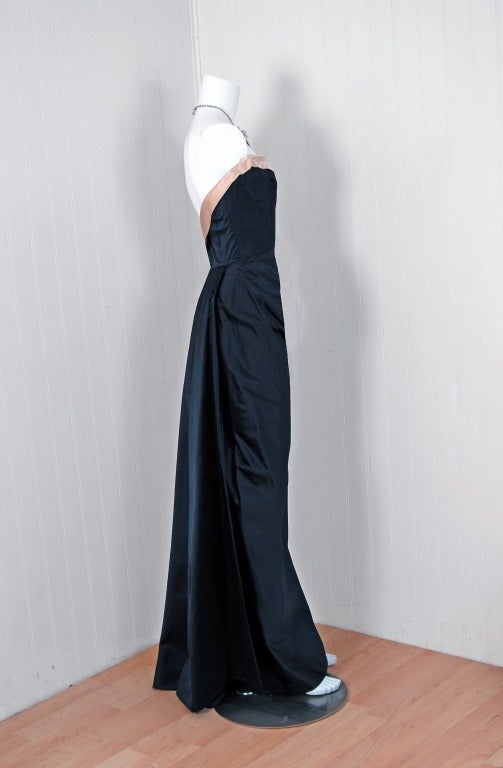 Women's 1950's Strapless Black & Pink Satin Hourglass Back-Train Gown