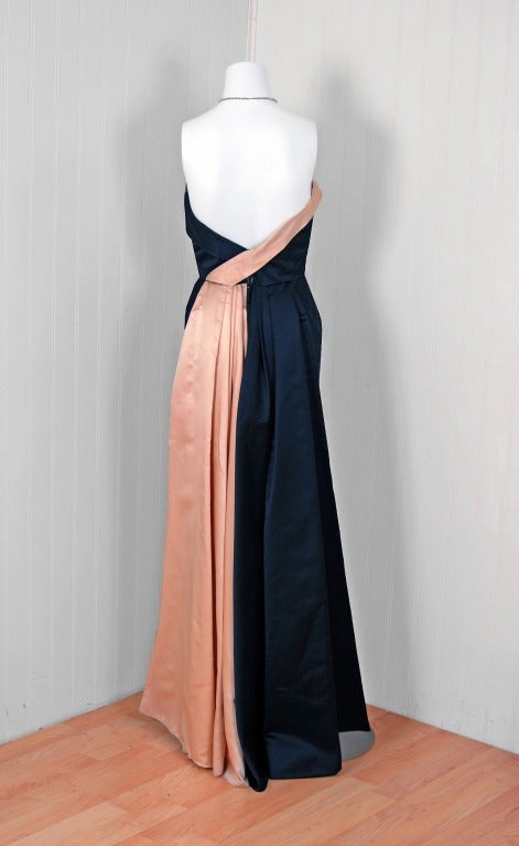 1950's Strapless Black & Pink Satin Hourglass Back-Train Gown 1