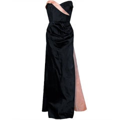 1950's Strapless Black & Pink Satin Hourglass Back-Train Gown
