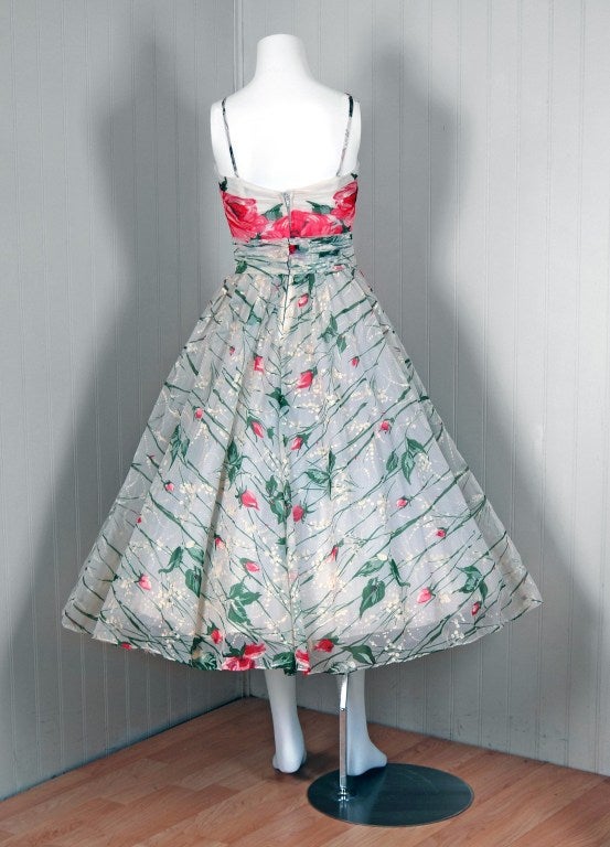 1950's Emma Domb Pink-Roses Floral Print Chiffon Party Dress 1