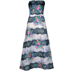 1960's Custom Couture Metallic Floral Embroidered Silk & Lace Strapless Gown