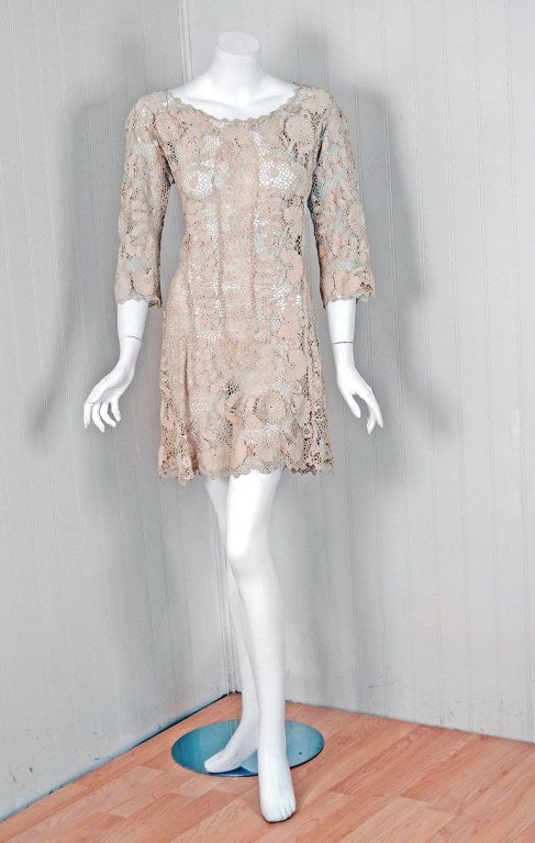 Romantic lace dresses from the early 20th century are perennial favorites. The garment's simple unstructured style is so modern; the fine handmade Irish-crochet is a treasure trove of needle art. The simple flapper chemise, uncluttered with seams