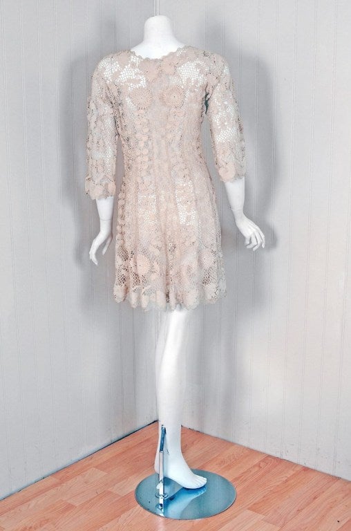 1920's Ivory Irish-Crochet Lace Handmade Embellished Day Dress In Excellent Condition In Beverly Hills, CA