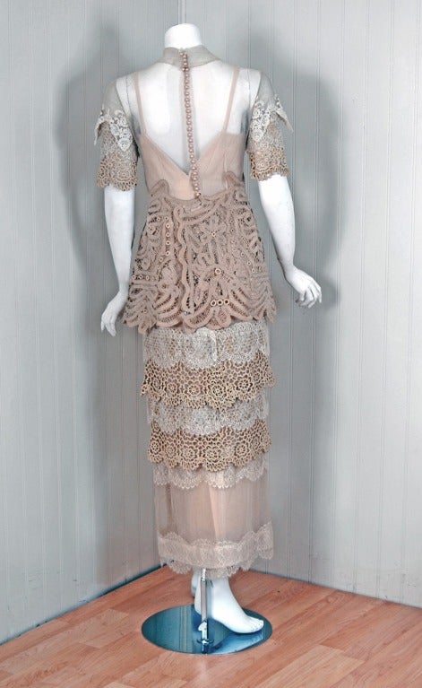 1970's Galitzine Couture Ivory & Beige Mixed-Lace Wedding Gown 2