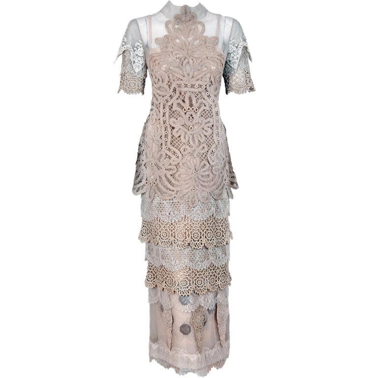 1970's Galitzine Couture Ivory & Beige Mixed-Lace Wedding Gown