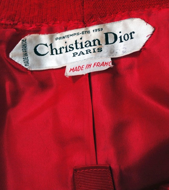 Women's 1957 Christian Dior Haute-Couture Red Wool Double-Breasted Dress Suit Ensemble